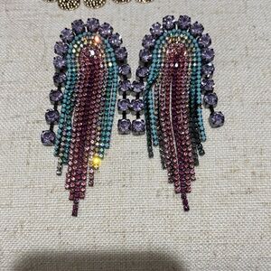 Crystal Fringe Drop Earrings - Purple & Pink